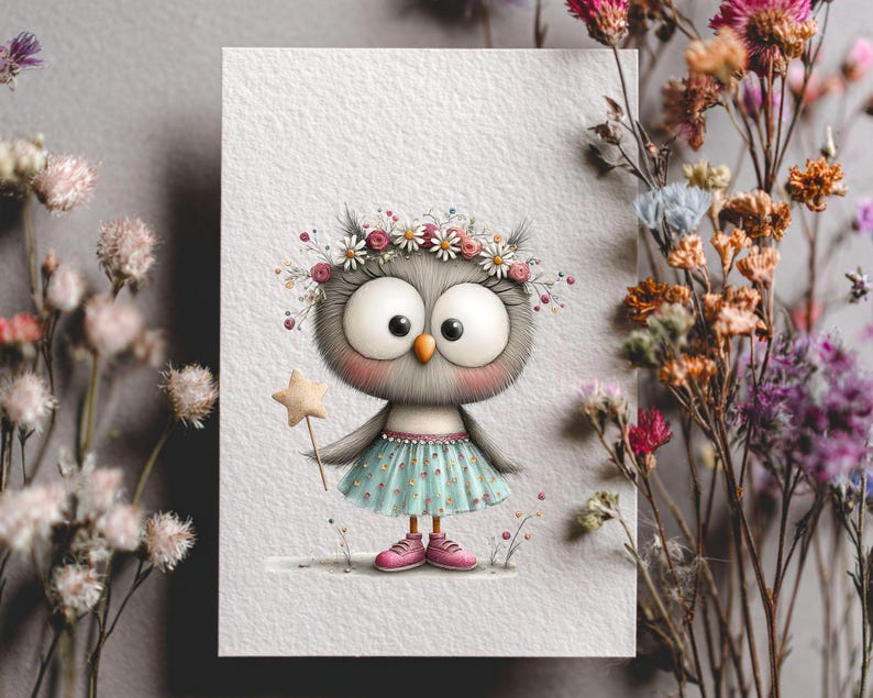 May include: A whimsical illustration of a cartoon owl wearing a floral crown, a blue skirt, and pink shoes, holding a star wand. The owl has large eyes and rosy cheeks. The background is a textured white surface.