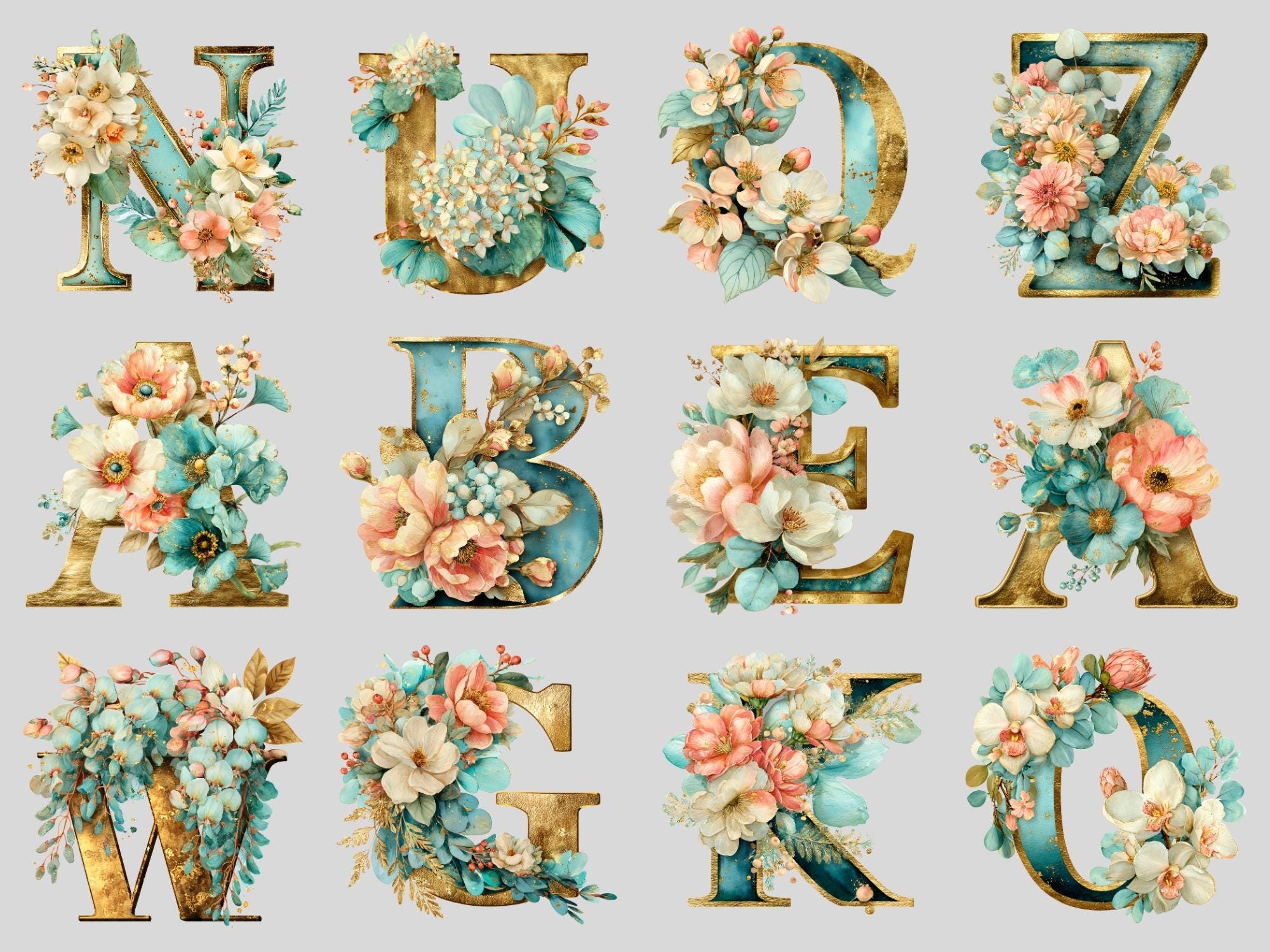 Floral Alphabet Clipart Bundle Watercolor Flowers & Birds PNG ...