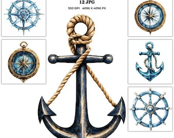 May include: A blue anchor with a gold rope wrapped around it. The anchor is surrounded by nautical themed illustrations, including a compass, a ship's wheel, and a star.
