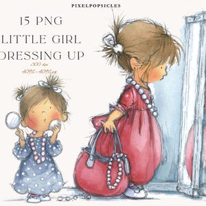 Puede incluir: Ilustración en acuarela de dos niñas jugando a disfrazarse. Una niña con un vestido rojo se mira en un espejo, sosteniendo un bolso rojo y un collar de perlas. La otra niña, con un vestido azul de lunares, sostiene un espejo y una borla. Texto: "LITTLE GIRL DRESSING UP".
