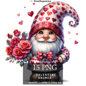 Pacote de clipart de gnomo de dia dos namorados, gráficos PNG de dia dos namorados, designs de sublimação de gnomos de coração, fundo transparente, uso comercial