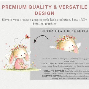 Op de afbeelding: Een digitale grafische illustratie van een lichtbruin konijn-fee met roze kleding, witte vleugels en een bloemenkrans, vergezeld door een bij. De afbeelding bevat de tekst: PREMIUM QUALITY & VERSATILE DESIGN, ULTRA HIGH-RESOLUTION.