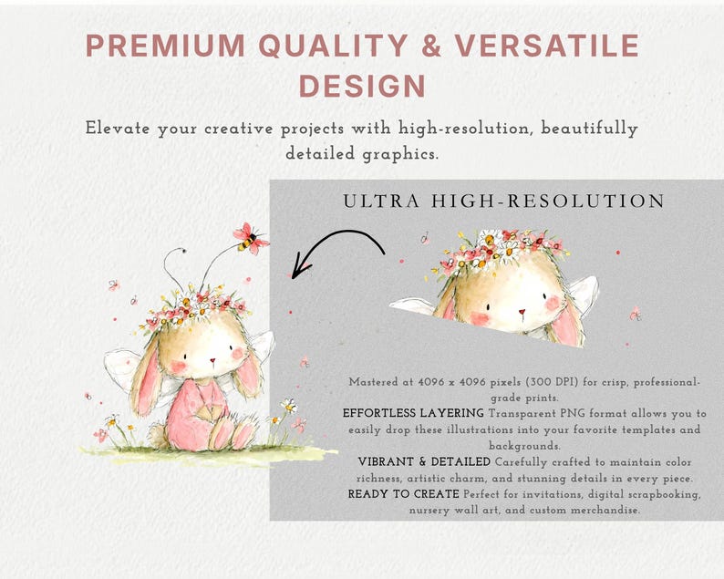 Op de afbeelding: Een digitale grafische illustratie van een lichtbruin konijn-fee met roze kleding, witte vleugels en een bloemenkrans, vergezeld door een bij. De afbeelding bevat de tekst: PREMIUM QUALITY & VERSATILE DESIGN, ULTRA HIGH-RESOLUTION.
