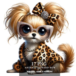 Clipart animaux, 17 PNG malpropre chignon bébé animaux fille Clipart, clipart animaux drôle, imprimé léopard noeud chambre d'enfant imprimable, bricolage fabrication de cartes
