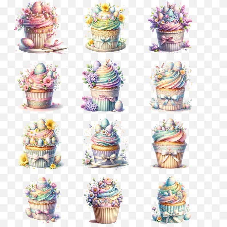 16 Glittering Easter Cupcake Clipart PNG: Watercolor Dessert Set ...