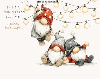 Peut inclure: Illustration à l'aquarelle de trois gnomes de Noël avec de longues barbes blanches, portant des chapeaux et des tenues à pois rouges et gris. Les gnomes sont près d'une guirlande lumineuse. Le texte indique "15 PNG Christmas Gnome".