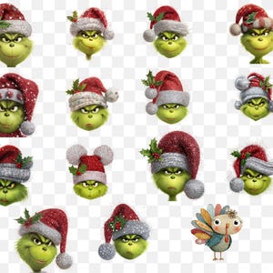 Peut inclure: Plusieurs visages de personnages de dessins anim&eacute;s verts portant des bonnets de P&egrave;re No&euml;l rouges et gris avec des accents de houx. Les visages ont une expression grincheuse, et certains ont un pompon argent&eacute;. Une dinde color&eacute;e est &eacute;galement incluse.