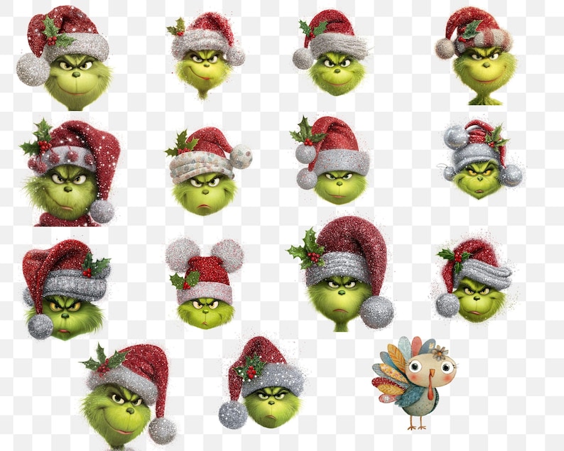 Peut inclure: Plusieurs visages de personnages de dessins anim&eacute;s verts portant des bonnets de P&egrave;re No&euml;l rouges et gris avec des accents de houx. Les visages ont une expression grincheuse, et certains ont un pompon argent&eacute;. Une dinde color&eacute;e est &eacute;galement incluse.