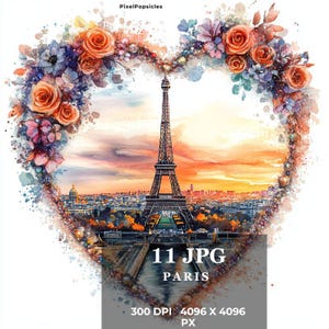 11 ilustraciones de acuarela de corazones de París: diseño romántico de corazón con encanto parisino de la Torre Eiffel, decoración de pared con arte digital y manualidades para uso comercial