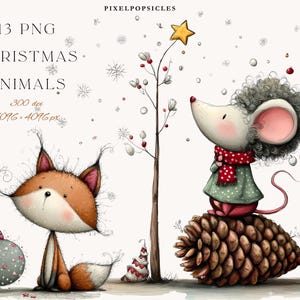 Op de afbeelding: Digitale illustratie van een vos en een muis in een winterse scène. De vos houdt een kerstbal vast. De muis draagt een sjaal en staat op een dennenappel. De afbeelding bevat de tekst "13 PNG Christmas Animals".