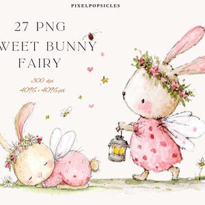 May include: Watercolor illustration featuring two adorable bunny fairies. One bunny wears a pink polka-dot dress and carries a lantern, while the other rests on the ground. The image includes the text "27 PNG Sweet Bunny Fairy".