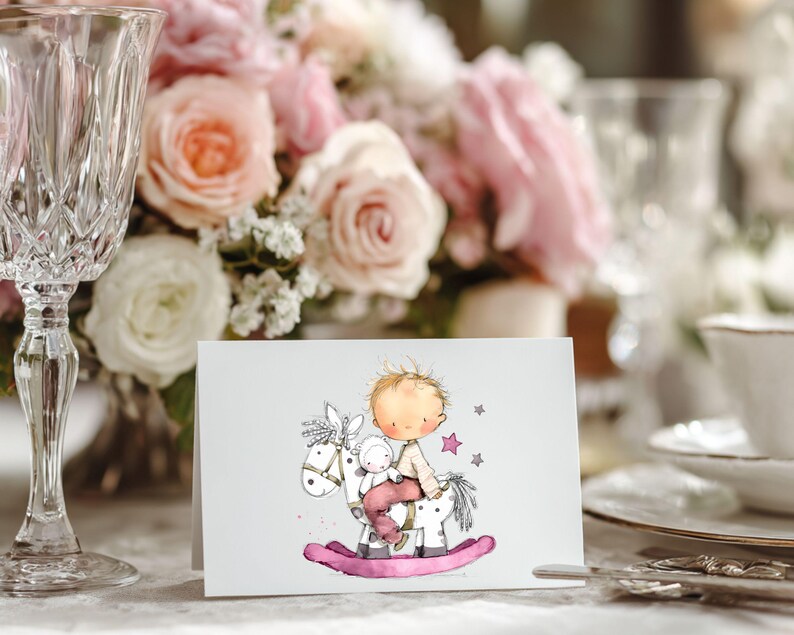 May include: A greeting card featuring a watercolor illustration of a child riding a rocking horse. The child is depicted with blonde hair and wearing a light-colored outfit. The rocking horse is white with a pink base, and a small stuffed animal is also on the horse.