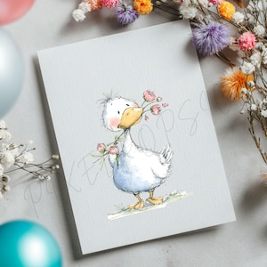 May include: A greeting card featuring a watercolor illustration of a white duck holding pink flowers in its beak. The duck has a yellow beak and feet, with a light blue body. The card is on a gray background, with flowers and balloons in the background.