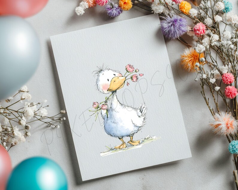 May include: A greeting card featuring a watercolor illustration of a white duck holding pink flowers in its beak. The duck has a yellow beak and feet, with a light blue body. The card is on a gray background, with flowers and balloons in the background.
