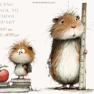 May include: Illustration of two cartoon hamsters, one holding a ruler and the other standing on books with an apple. The image includes text that reads "18 PNG Back to School Clipart" and "300 dpi 4096 x 4096 px". The hamsters are brown, white, and tan.