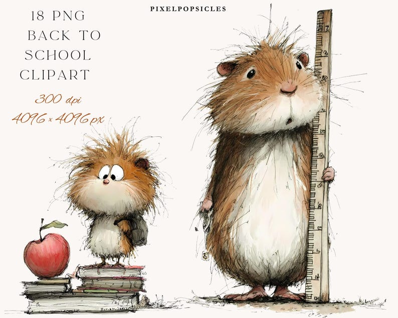 May include: Illustration of two cartoon hamsters, one holding a ruler and the other standing on books with an apple. The image includes text that reads "18 PNG Back to School Clipart" and "300 dpi 4096 x 4096 px". The hamsters are brown, white, and tan.