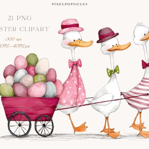 Op de afbeelding: Waterverfillustratie van drie ganzen die een wagen vol paaseieren trekken. De ganzen dragen hoeden en vlinderdassen, één in een roze outfit met stippen. De wagen is rood en de eieren zijn pastelkleurig. De tekst luidt "Pixel Popsicles" en "21 PNG Easter Clipart".