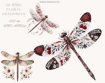 Floral Dragonfly Clipart: Scrapbooking PNG Bundle