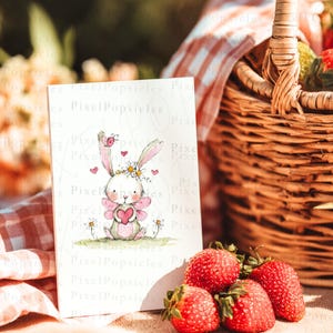 Op de afbeelding: Een rechthoekige witte kaart met een aquarelillustratie van een klein konijntje met roze fee&euml;nvleugels, een bloemenkrans en een rood hart. Het konijntje is omringd door kleine madeliefjes, roze hartjes en een lieveheersbeestje op een groen grasveld.