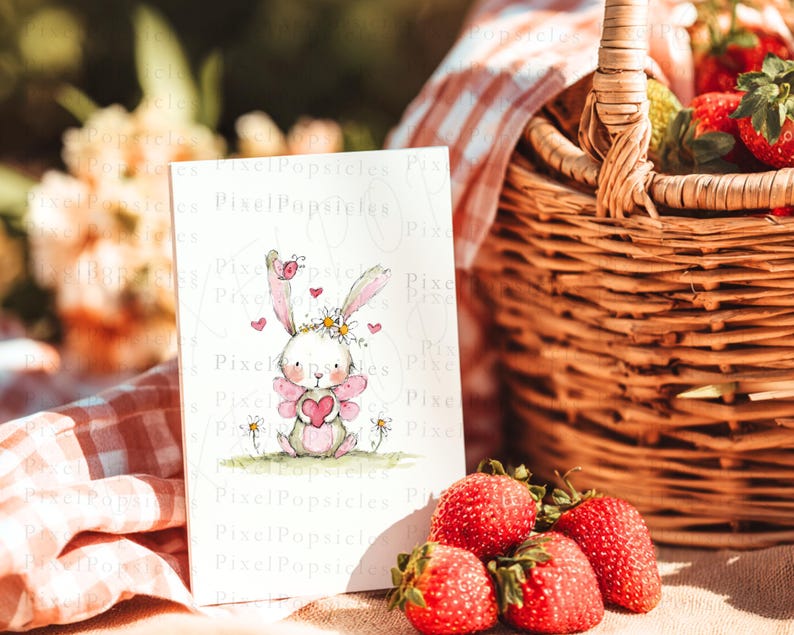 Op de afbeelding: Een rechthoekige witte kaart met een aquarelillustratie van een klein konijntje met roze fee&euml;nvleugels, een bloemenkrans en een rood hart. Het konijntje is omringd door kleine madeliefjes, roze hartjes en een lieveheersbeestje op een groen grasveld.