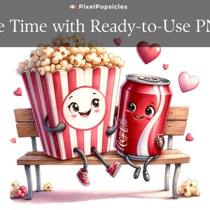 May include: A cartoon illustration of a red and white striped popcorn bucket and a red soda can sitting on a wooden bench. Both the popcorn bucket and soda can have cartoon faces and are smiling. There are hearts floating around them.