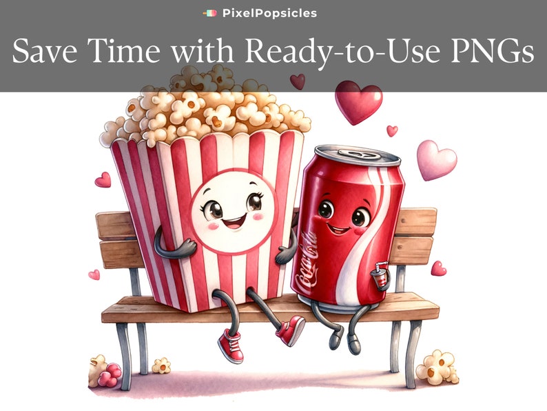 May include: A cartoon illustration of a red and white striped popcorn bucket and a red soda can sitting on a wooden bench. Both the popcorn bucket and soda can have cartoon faces and are smiling. There are hearts floating around them.