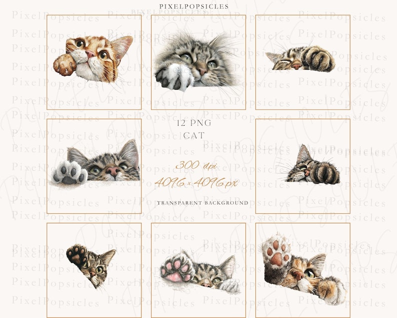 May include: A set of watercolour illustrations of cats in different poses. The images show cats with detailed fur and expressive eyes, peeking over edges, sleeping, and showing their paws. The text "12 PNG CAT" is visible. The images are set against a neutral background.