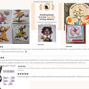 May include: A selection of illustrated greeting cards and art prints. The cards depict dogs in raincoats, sheep, and other charming characters. The image also includes keychains and a shop banner that says "PixelPopsicles is in the Top 1.6% of Etsy Sellers!"