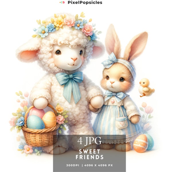 4 Sweet Friends JPG, Easter Lamb, Bunny Clipart JPG, Scrapbooking, Card Making,Cute Nursery Spring Bundle Commercial, Instant Download