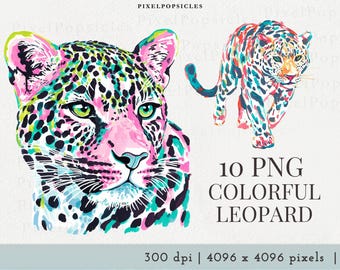 Colorful Leopard PNG Clipart, Vibrant Rainbow Leopard Art, Pink and Teal Artistic Safari Animals, High Res Digital Download