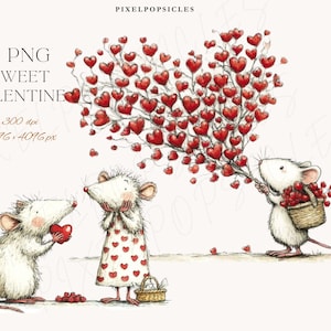 May include: An illustration featuring three white mice with red heart accents. One mouse holds a heart, another wears a heart-patterned dress, and the third carries a basket of hearts. A large heart-shaped arrangement of red hearts is also present. Text reads "18 PNG Sweet Valentine".