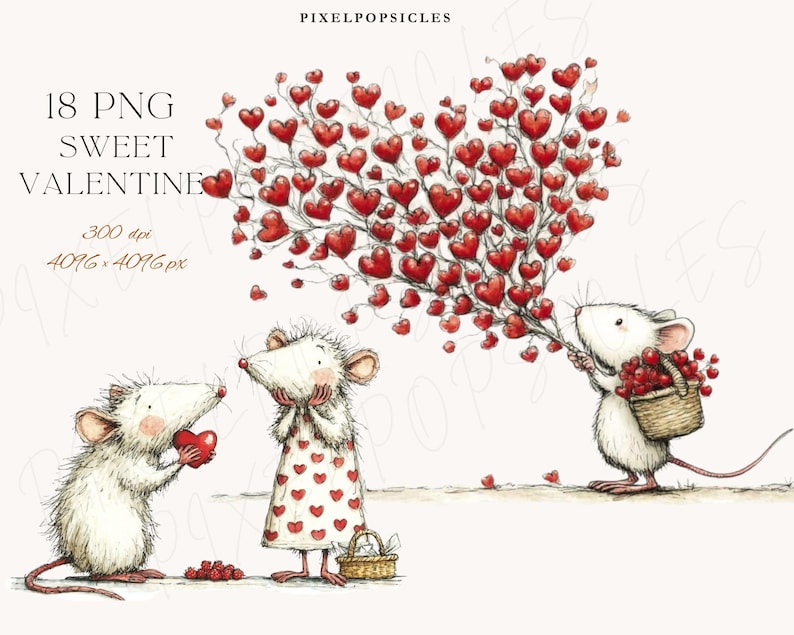 May include: An illustration featuring three white mice with red heart accents. One mouse holds a heart, another wears a heart-patterned dress, and the third carries a basket of hearts. A large heart-shaped arrangement of red hearts is also present. Text reads "18 PNG Sweet Valentine".