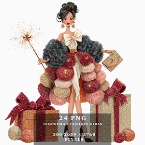 May include: Illustration of a fashion girl in a festive outfit, holding a wand and a purse. She wears a white dress with a large bow, a fur wrap, and a skirt adorned with pom-poms. The image includes gift boxes and text that reads "24 PNG CHRISTMAS FASHION GIRLS".