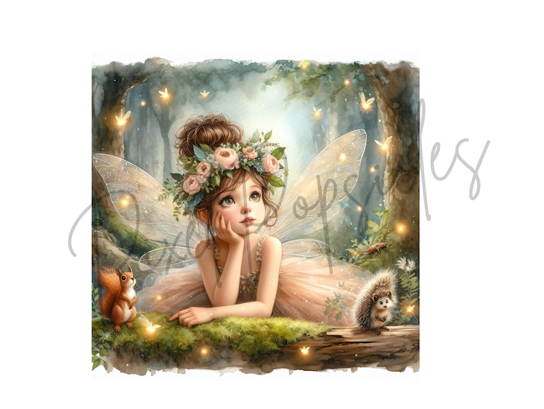 K&ouml;nnte beinhalten: Eine Fee mit hellbraunen Haaren und einer Blumenkrone sitzt auf einem moosbewachsenen Baumstamm in einem Wald. Sie hat gro&szlig;e, blaue Augen und tr&auml;gt ein wei&szlig;es Kleid mit einem hellrosa T&uuml;llrock. Sie hat gro&szlig;e, durchscheinende Fl&uuml;gel und ist von Gl&uuml;hw&uuml;rmchen umgeben. Ein Eichh&ouml;rnchen und ein Igel sind in der N&auml;he.