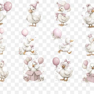 May include: A collection of watercolour illustrations featuring white ducks adorned with pink party hats, bows, glasses, and crowns. Each duck is holding a pink balloon. Some are in gift boxes or surrounded by floral details.