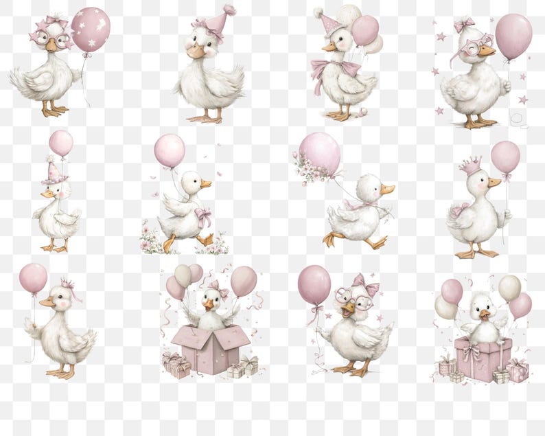 May include: A collection of watercolour illustrations featuring white ducks adorned with pink party hats, bows, glasses, and crowns. Each duck is holding a pink balloon. Some are in gift boxes or surrounded by floral details.