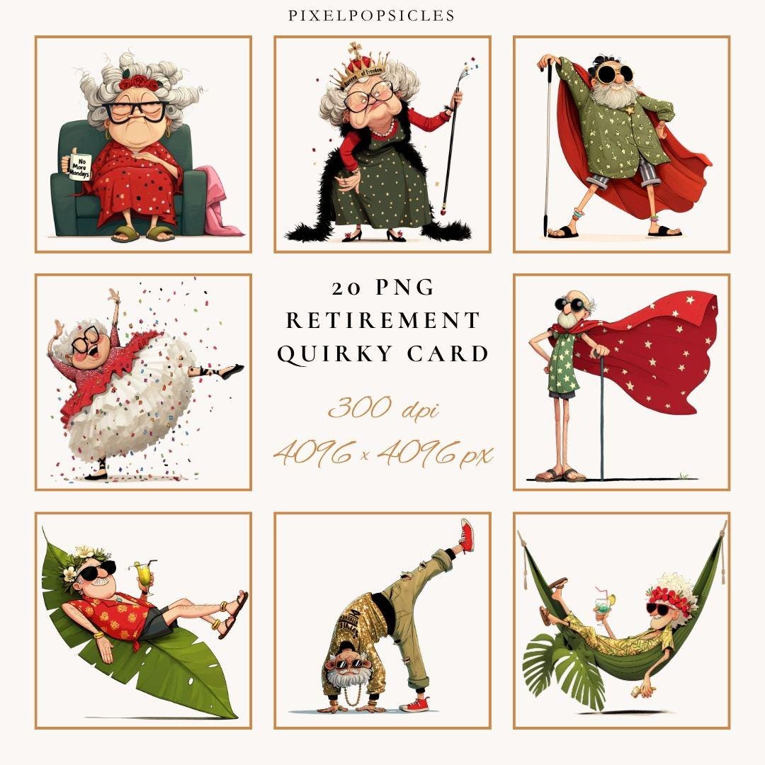 Retirement Graphoc Retirement Clipart: Funny Whimsical Illustrations PNG Digital Download ...