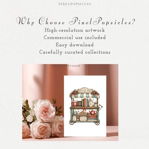 Peut inclure: Un graphique num&eacute;rique avec le texte Why Choose PixelPopsicles? High-resolution artwork, Commercial use included, Easy download, Carefully curated collections. En dessous, une illustration de chariot Mistletoe Brews avec des livres et des tasses.