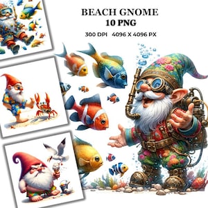 Funny Beach Gnome Clipart, 10 PNG Summer Watercolor, Junk Journal, Card Making, Gift Tag, Digital Images Sublimation Printable