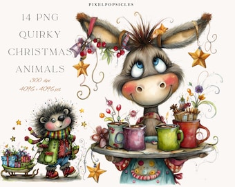 Quirky Christmas Animals Clipart, 14 Funny Woodland PNGs