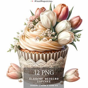 12 Watercolor Wedding Cupcake Clipart, Floral Birthday Cake PNG, Digital Image Downloads, Card Making Scrapbook Junk Journal Paper Crafts