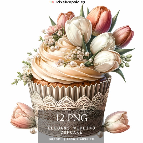 12 Watercolor Wedding Cupcake Clipart, Floral Birthday Cake PNG, Digital Image Downloads, Card Making Scrapbook Junk Journal Paper Crafts
