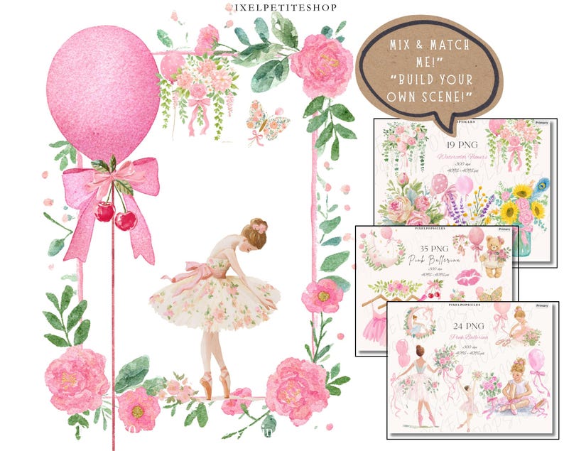 Pink Ballerina Watercolor Clipart Set | 35 PNG | Ballet Dresses, Teddy ...