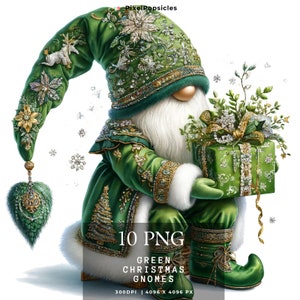 Green Christmas Gnomes Clipart | 10 PNG files | Christmas Clipart | Winter Holidays | Festive Gnomes | Digital Printable