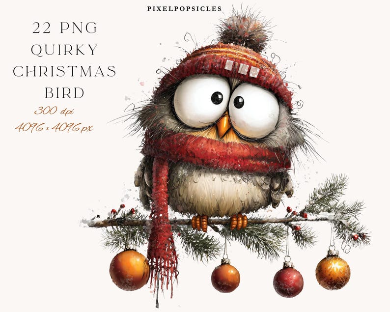 May include: A whimsical illustration of a Christmas bird wearing a red hat and scarf, perched on a branch with ornaments. The image includes the text "22 PNG Quirky Christmas Bird" and resolution details.