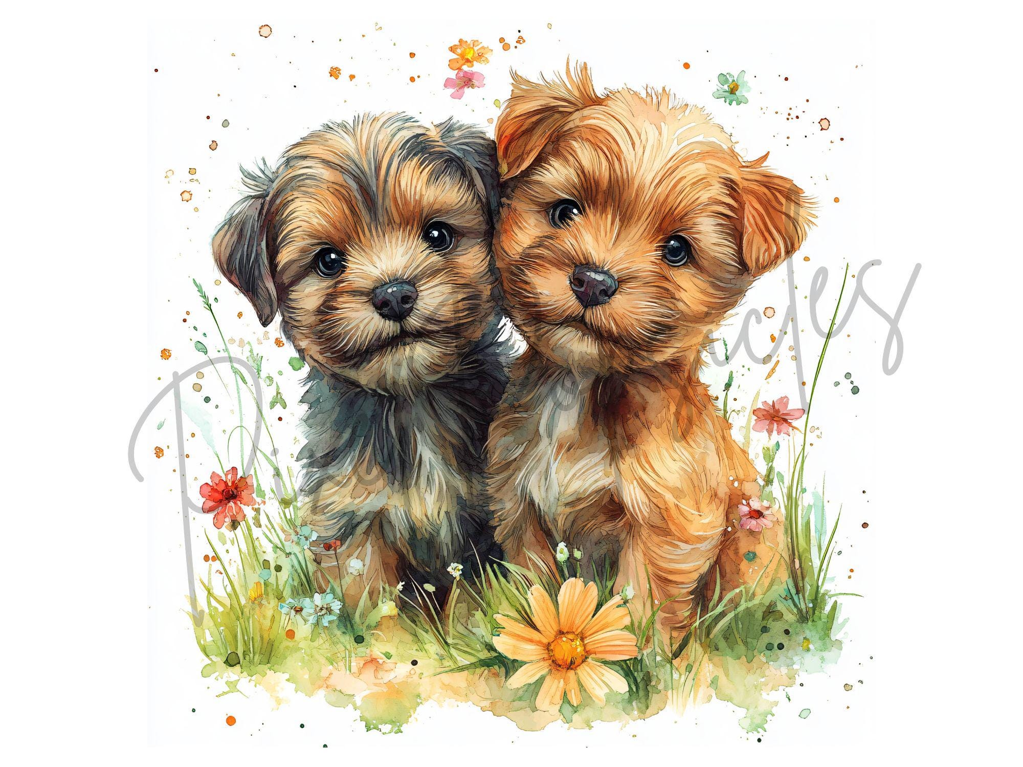 水彩画風の犬と花のクリップアート：花柄の子犬のイラスト（デジタル
