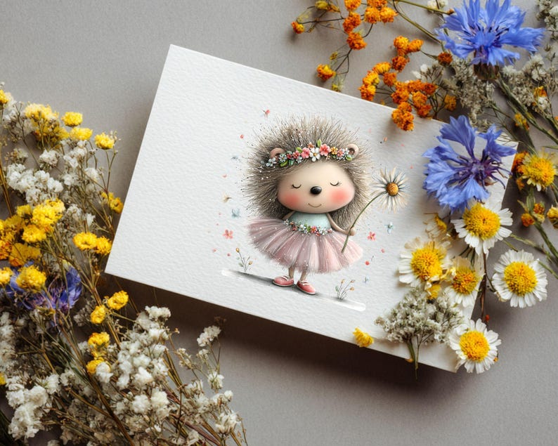 May include: A whimsical illustration of a hedgehog wearing a flower crown and a pink tutu, holding a daisy. The artwork is on a white card, surrounded by colorful dried flowers against a gray background. The hedgehog has a sweet, gentle expression.