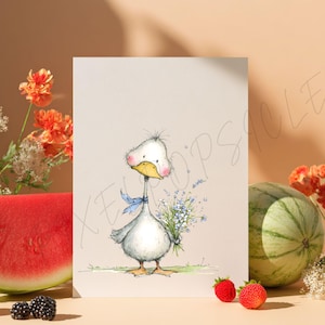 May include: A whimsical illustration of a goose with a blue ribbon around its neck, holding a bouquet of blue flowers. The artwork is set against a neutral background, with a watermelon slice, berries, and flowers in the foreground.