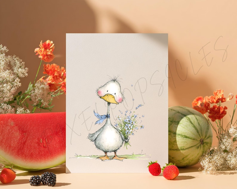 May include: A whimsical illustration of a goose with a blue ribbon around its neck, holding a bouquet of blue flowers. The artwork is set against a neutral background, with a watermelon slice, berries, and flowers in the foreground.