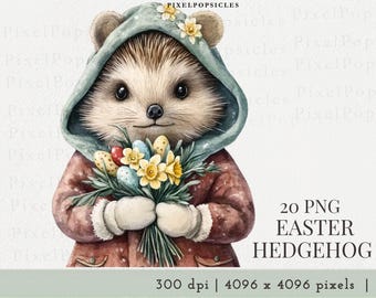 Watercolor Easter Hedgehog Clipart: PNG Digital Downloads